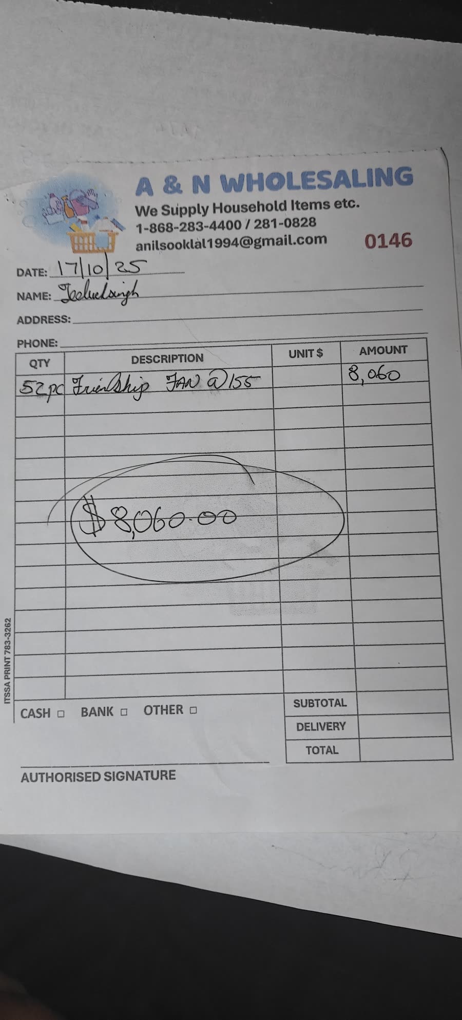 Photo of the A & N Wholesaling invoice