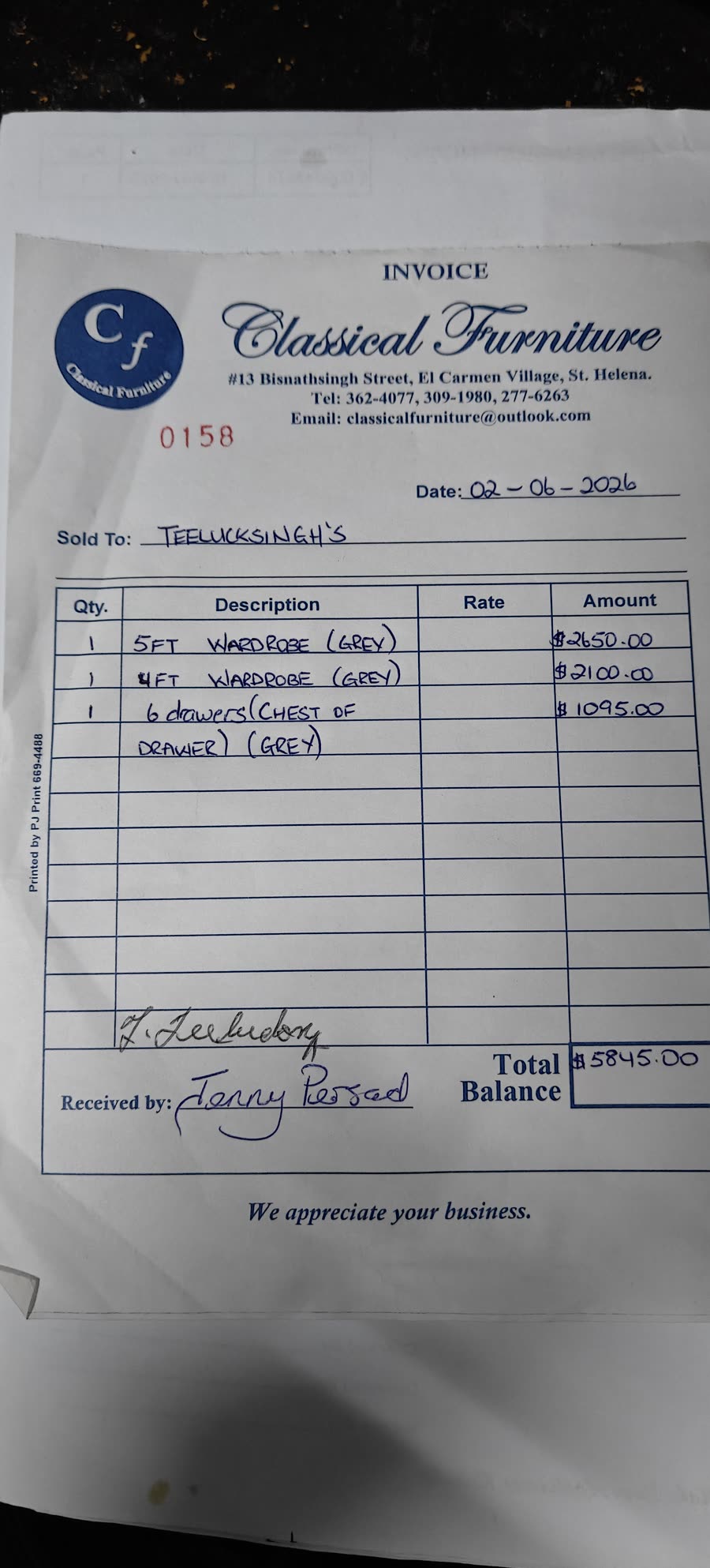 Photo of the Classical Furniture invoice