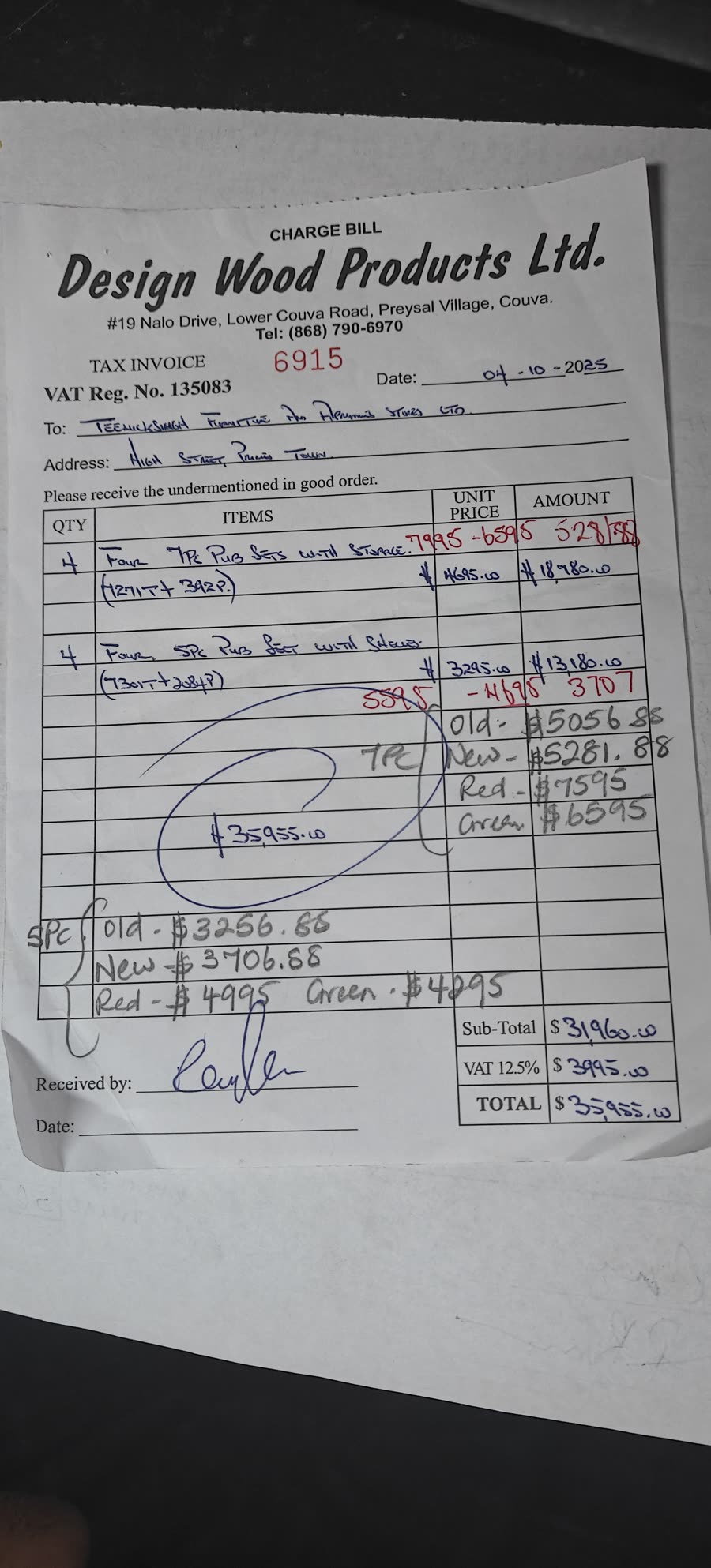 Photo of the Design Wood Products Ltd. invoice