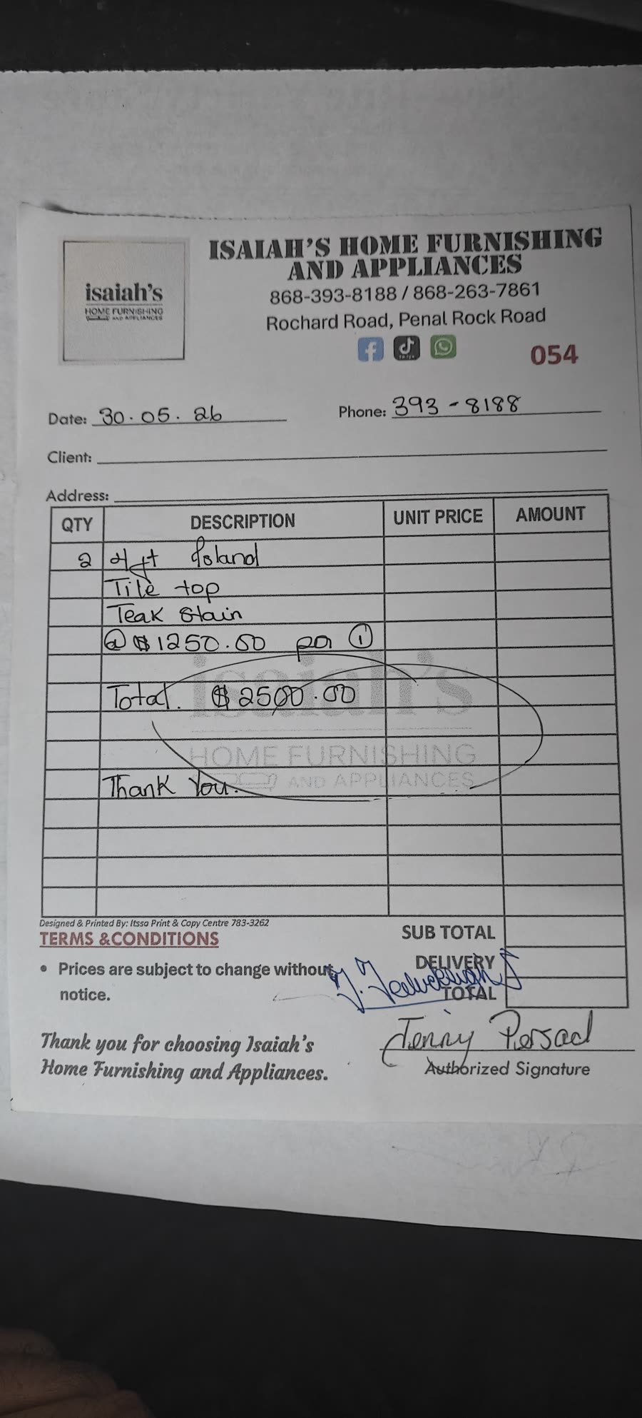 Photo of the Isaiah's Home Furnishing and Appliances invoice