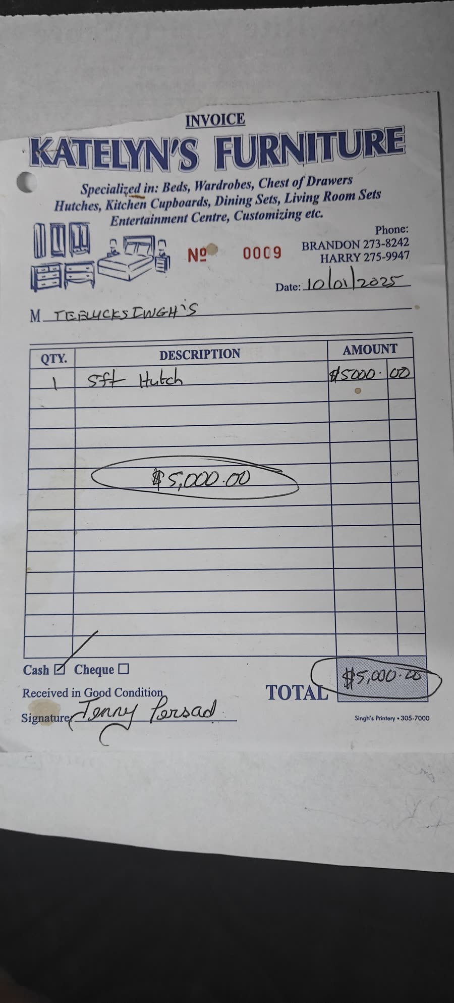 Photo of the Katelyn's Furniture invoice