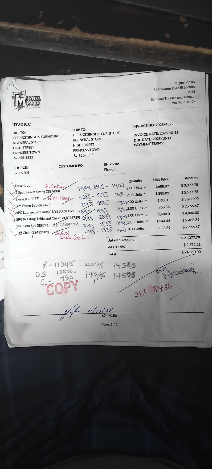 Photo of the Miguel Moses invoice