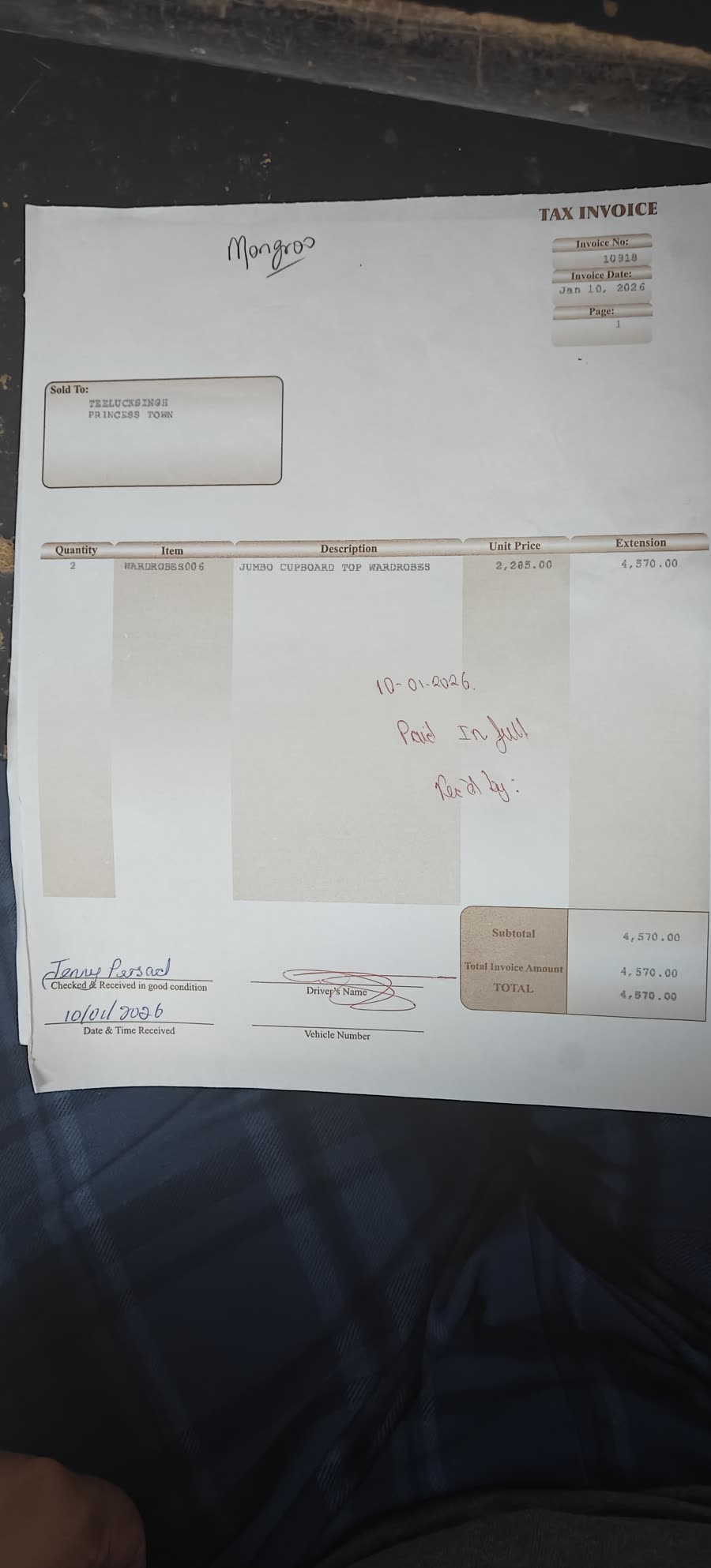 Photo of the Mongroo invoice