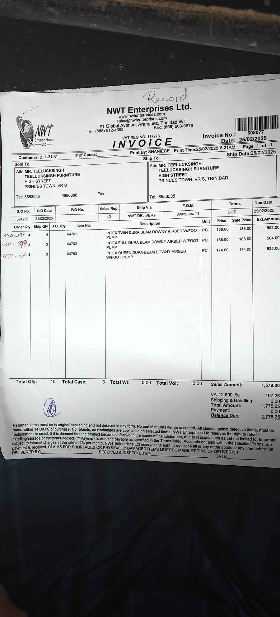 Photo of the NWT Enterprises Ltd. invoice