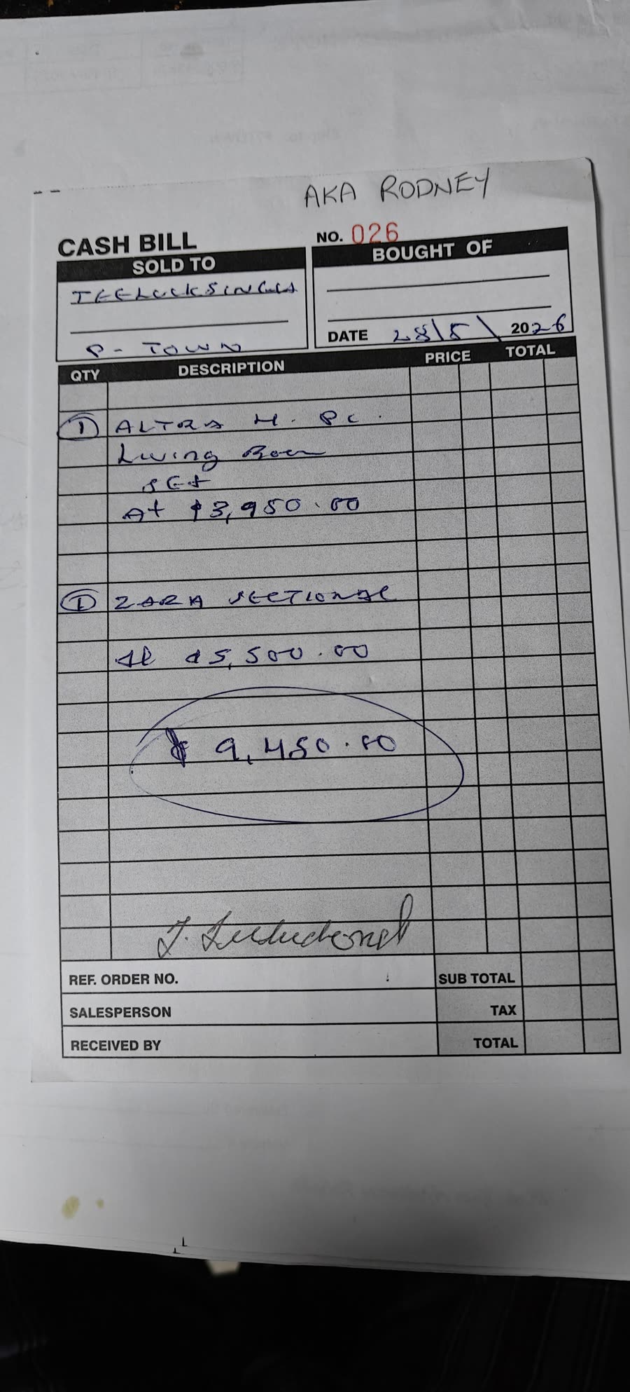 Photo of the AKA RODNEY invoice