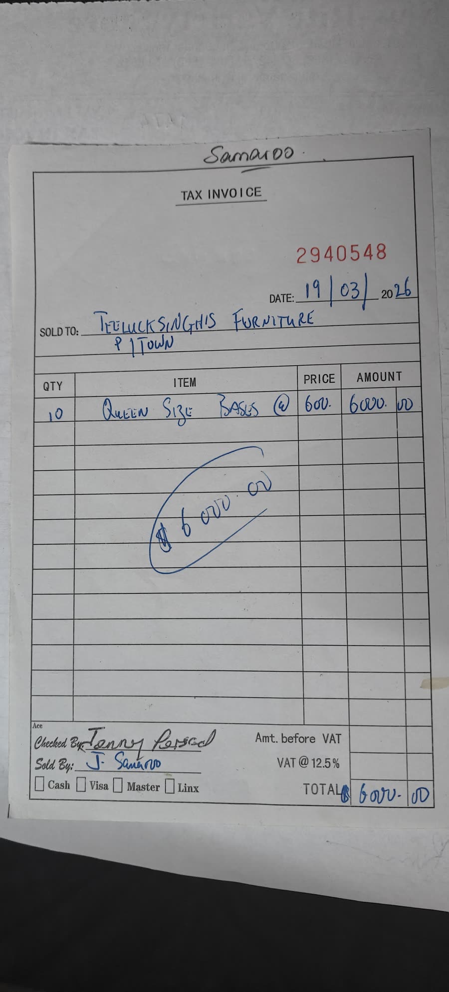 Photo of the Samaroo invoice