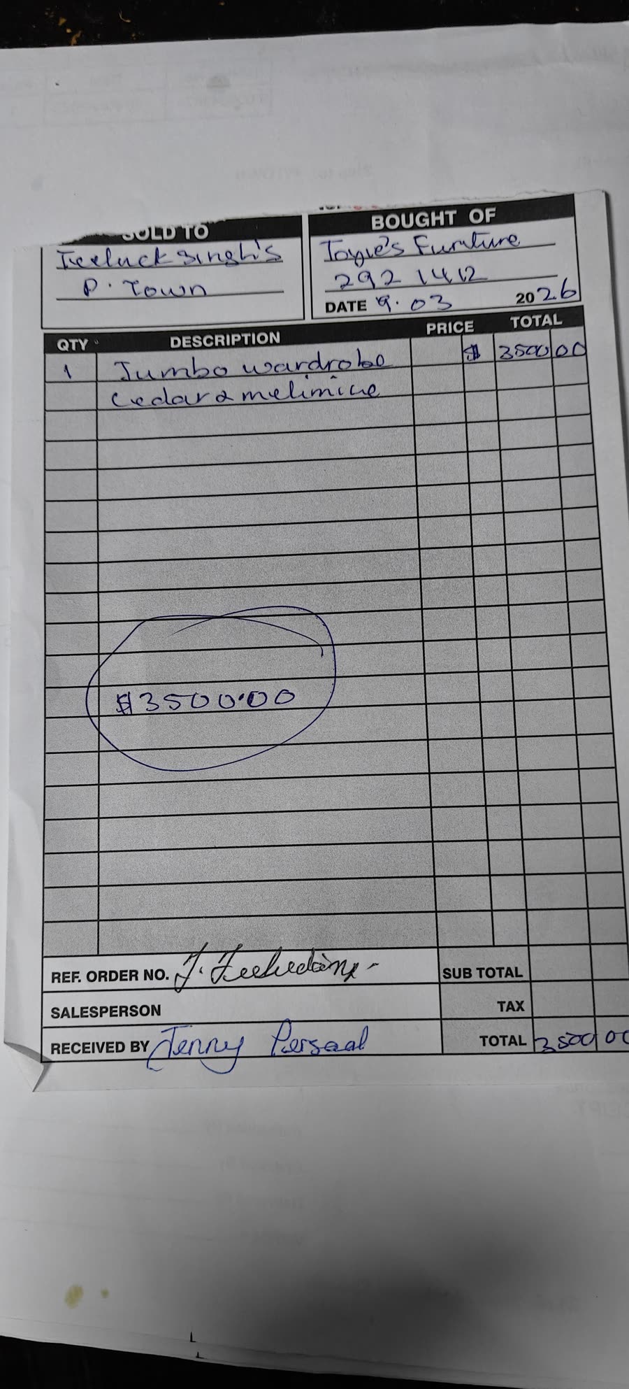 Photo of the Toyie's Furniture Shop invoice