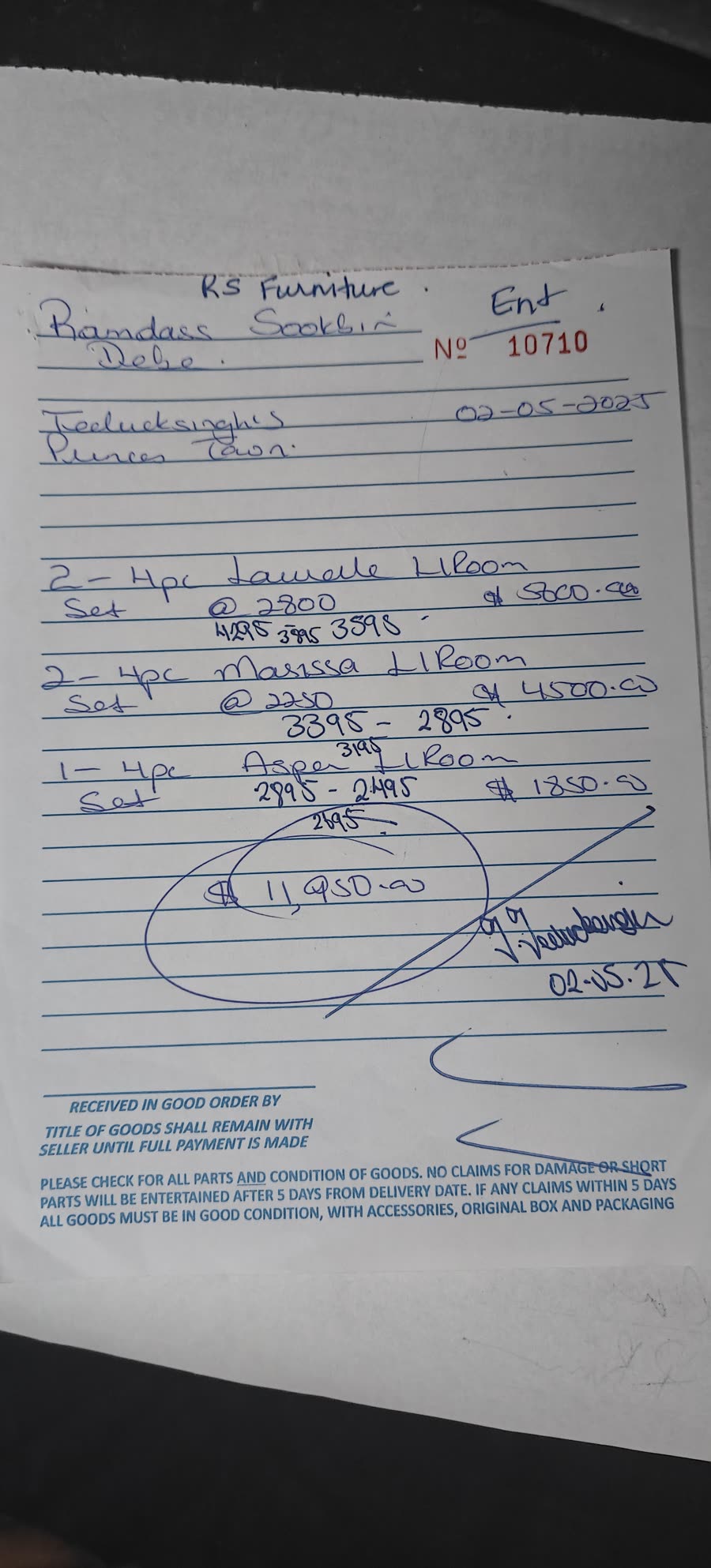 Photo of the RS Furniture invoice