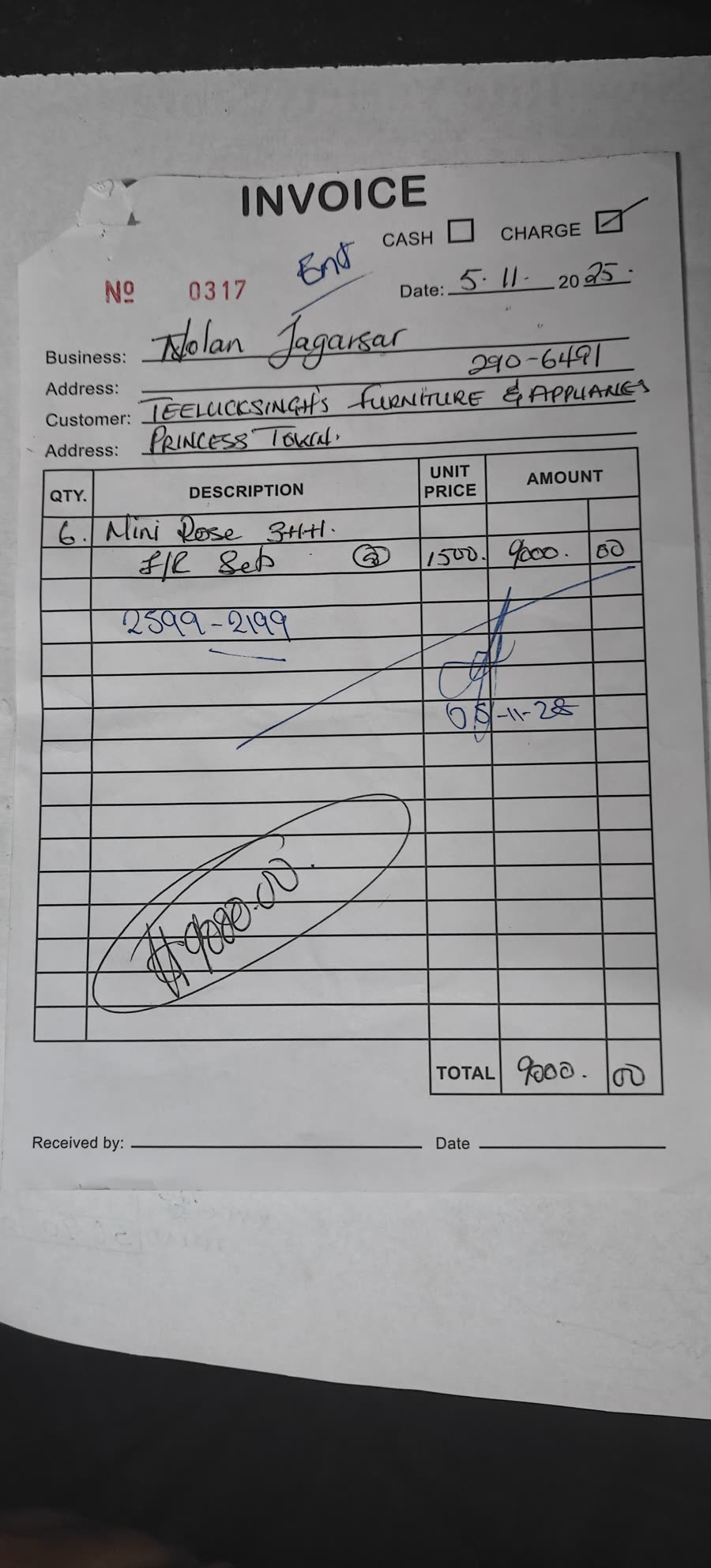 Photo of the Nolan Jagarsar invoice