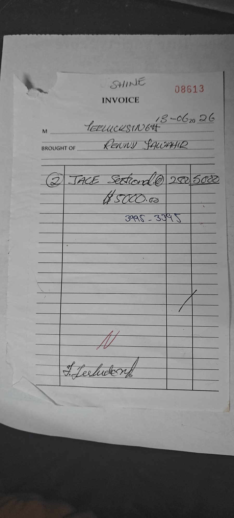 Photo of the Shine invoice