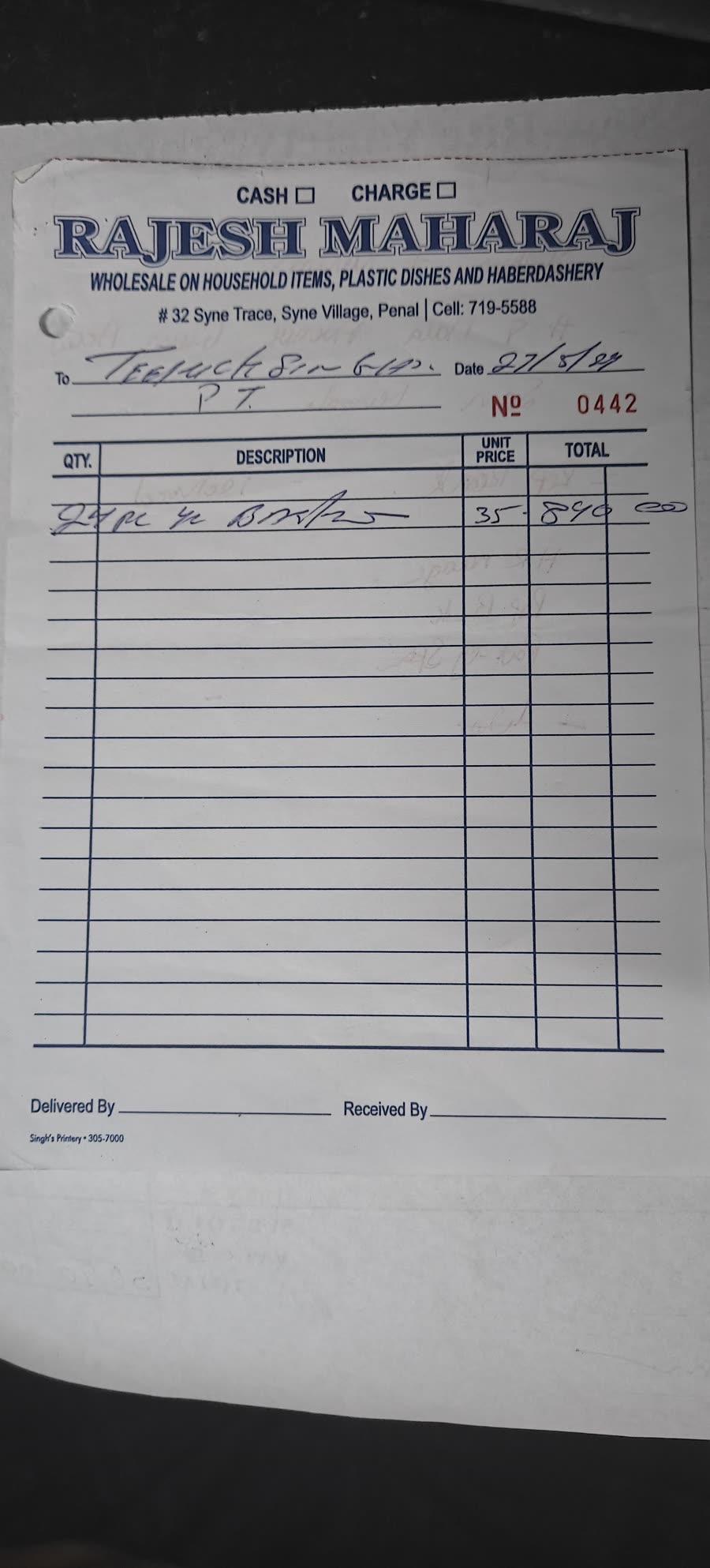 Photo of the Rajesh Maharaj invoice