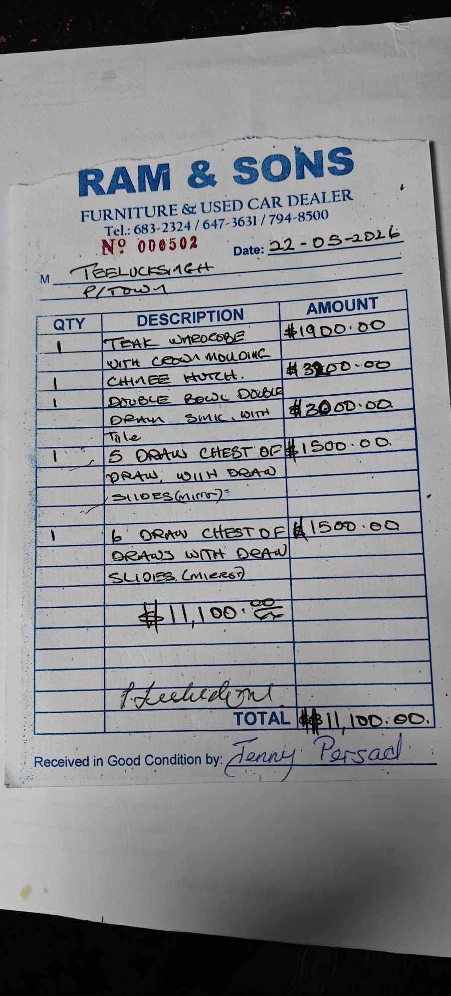 Photo of the RAM & Sons invoice