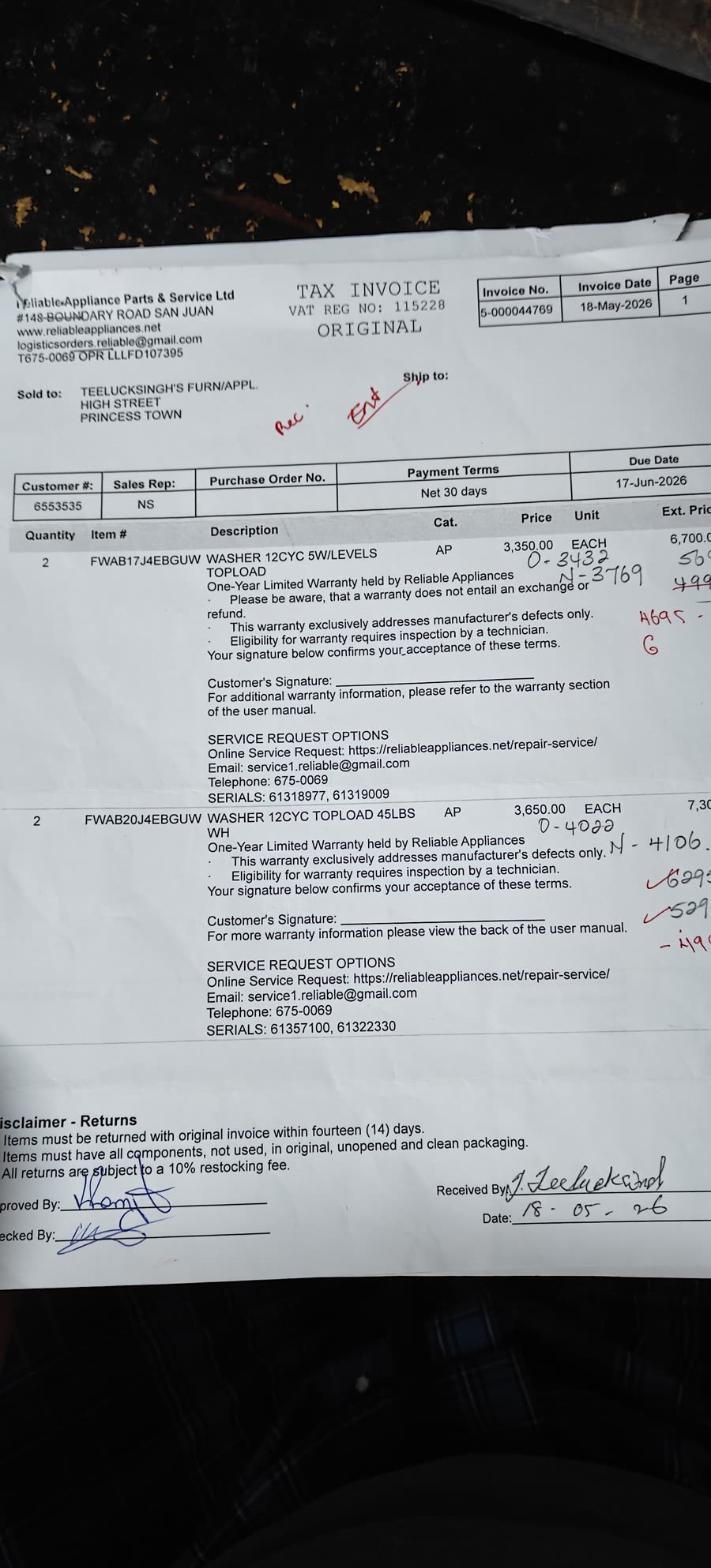 Photo of the Reliable Appliance Parts & Service Ltd invoice