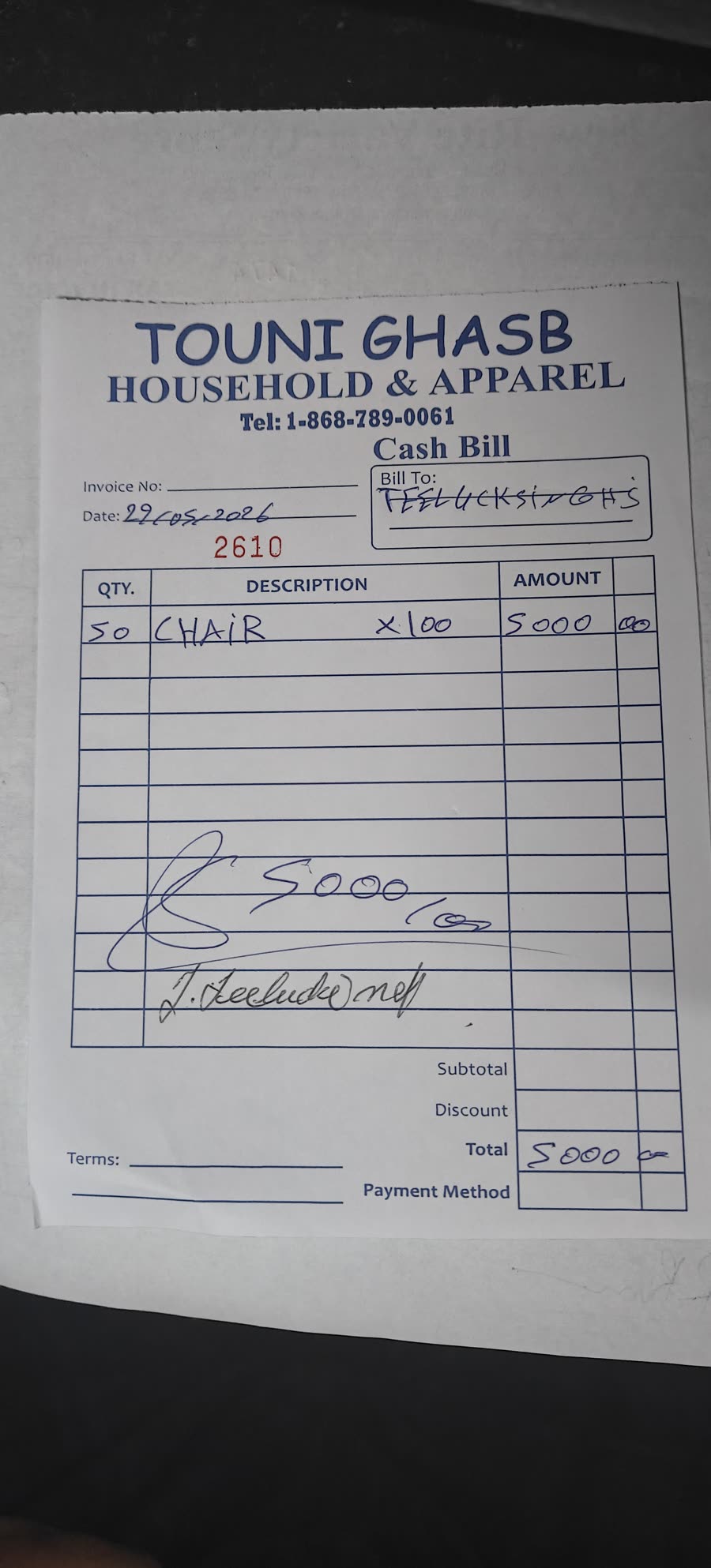 Photo of the Touni Ghasb Household & Apparel invoice