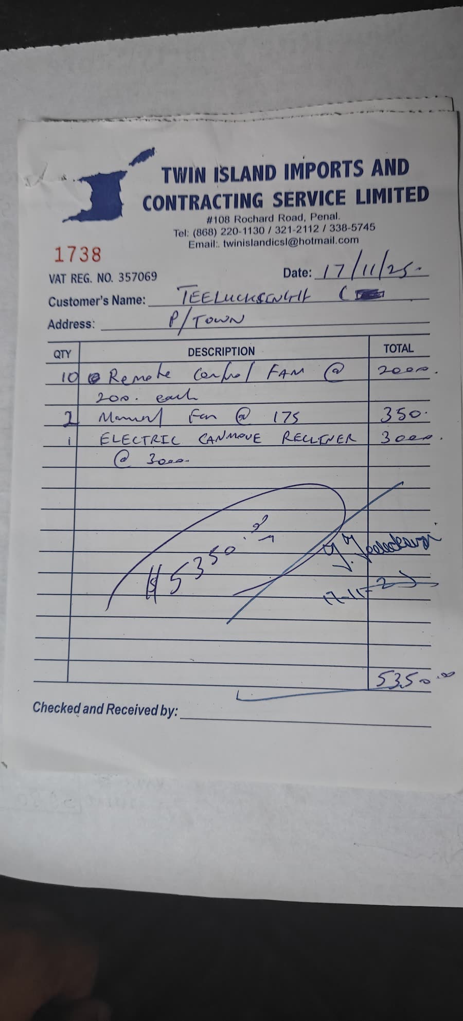 Photo of the Twin Island Imports and Contracting Service Limited invoice