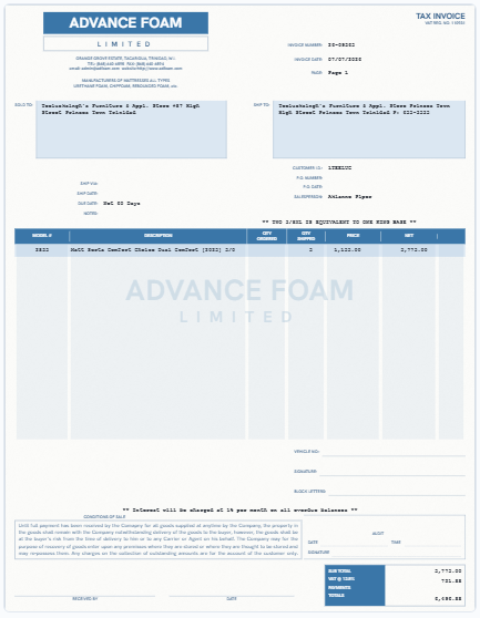 Our on-screen twin of the Advance Foam Limited invoice