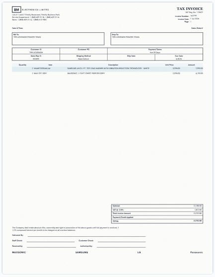 Our on-screen twin of the BM Electronics Limited invoice