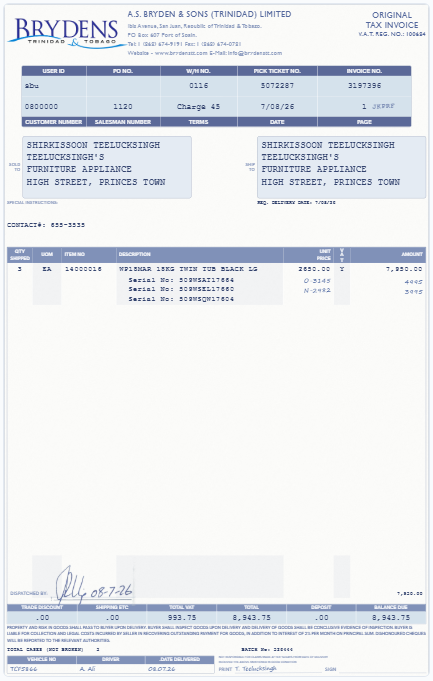 Our on-screen twin of the A.S. Bryden & Sons invoice