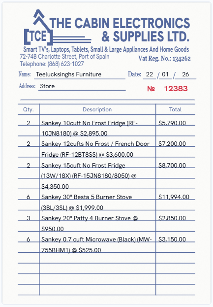 Our on-screen twin of the The Cabin Electronics & Supplies Ltd. invoice