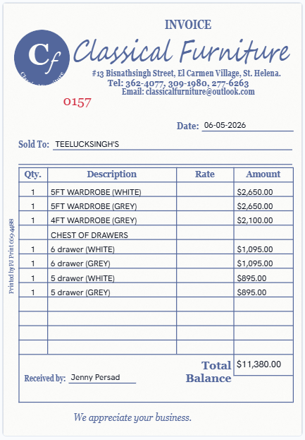 Our on-screen twin of the Classical Furniture invoice