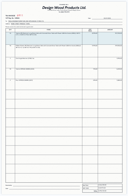 Our on-screen twin of the Design Wood Products Ltd. invoice