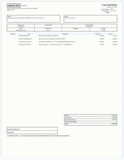 Our on-screen twin of the Grand Prix Limited invoice