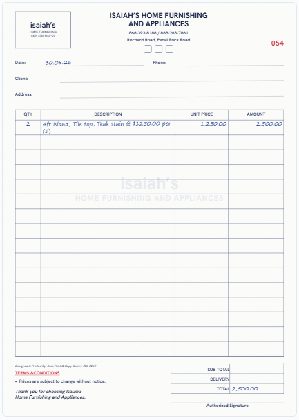 Our on-screen twin of the Isaiah's Home Furnishing and Appliances invoice