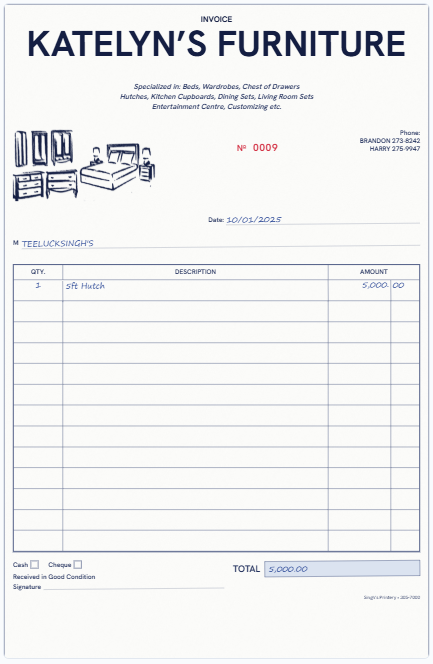 Our on-screen twin of the Katelyn's Furniture invoice