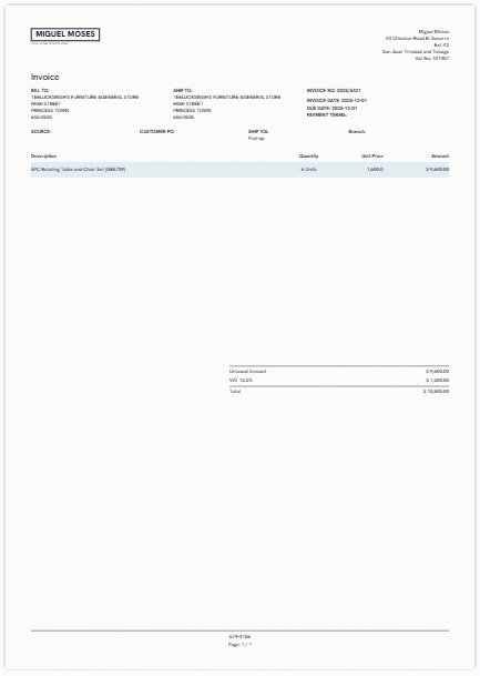 Our on-screen twin of the Miguel Moses invoice