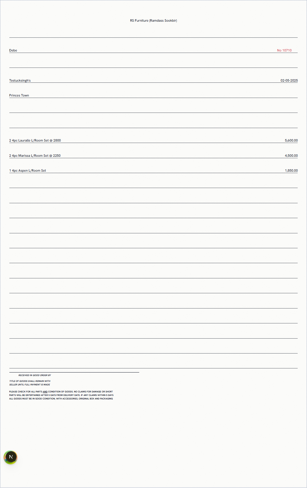 Our on-screen twin of the RS Furniture invoice