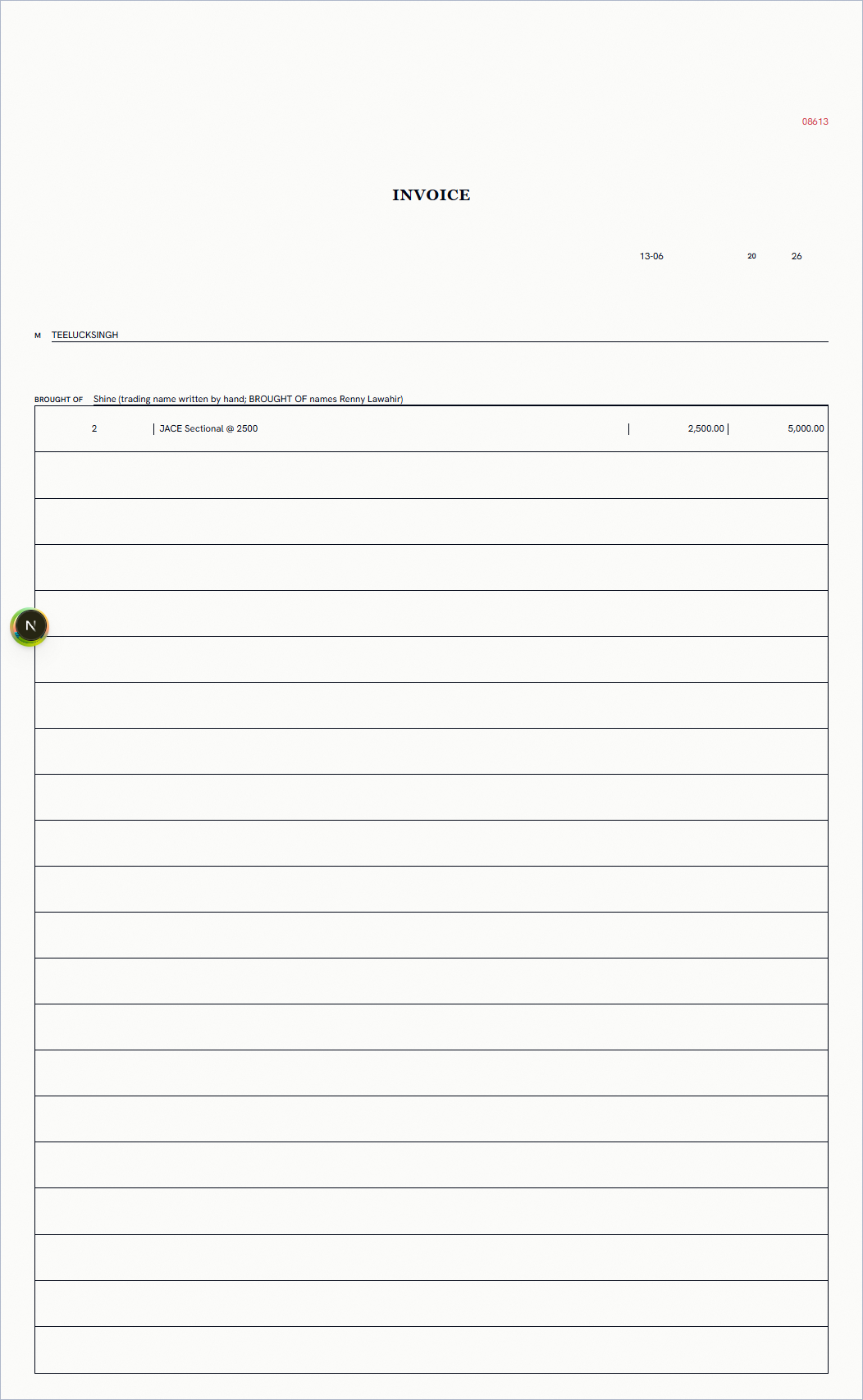 Our on-screen twin of the Shine invoice