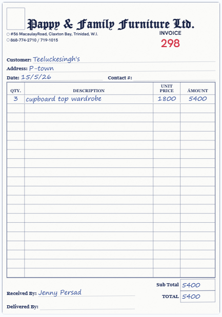 Our on-screen twin of the Pappy & Family Furniture Ltd. invoice