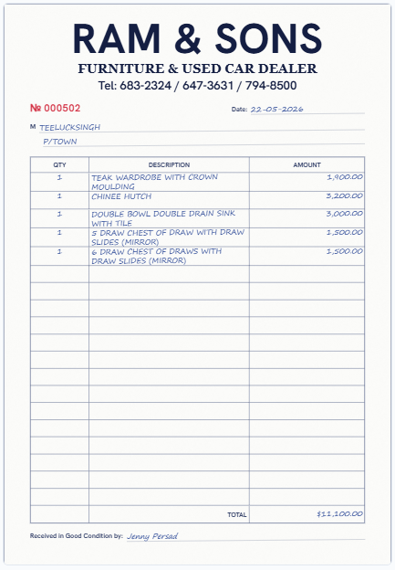 Our on-screen twin of the RAM & Sons invoice