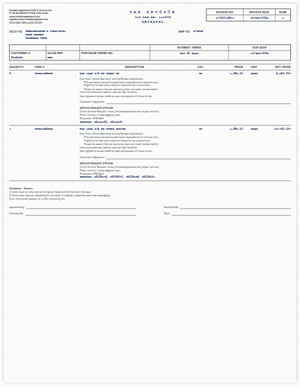 Our on-screen twin of the Reliable Appliance Parts & Service Ltd invoice