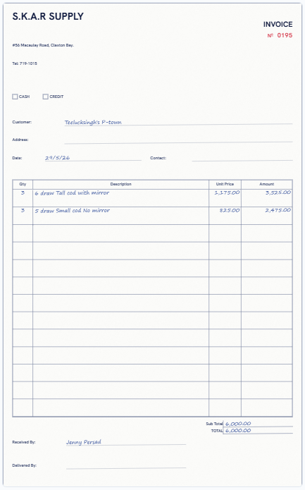 Our on-screen twin of the S.K.A.R Supply invoice