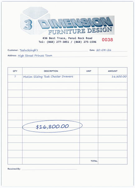 Our on-screen twin of the 3 Dimension Furniture Design invoice