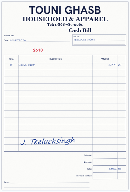 Our on-screen twin of the Touni Ghasb Household & Apparel invoice